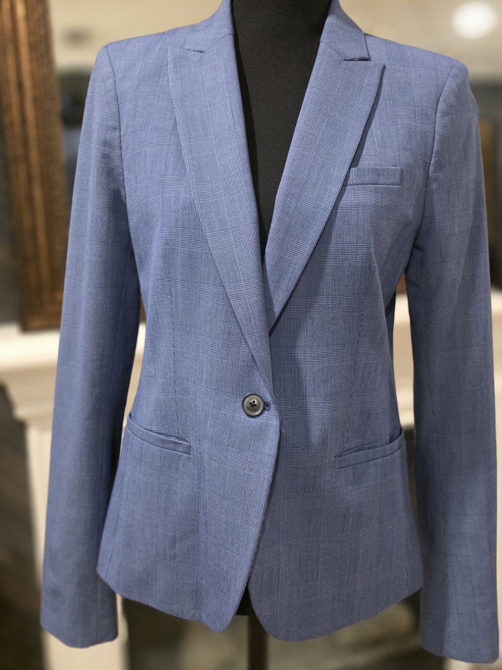 Womens  Blue & Black Checked Single-Button Blazer
